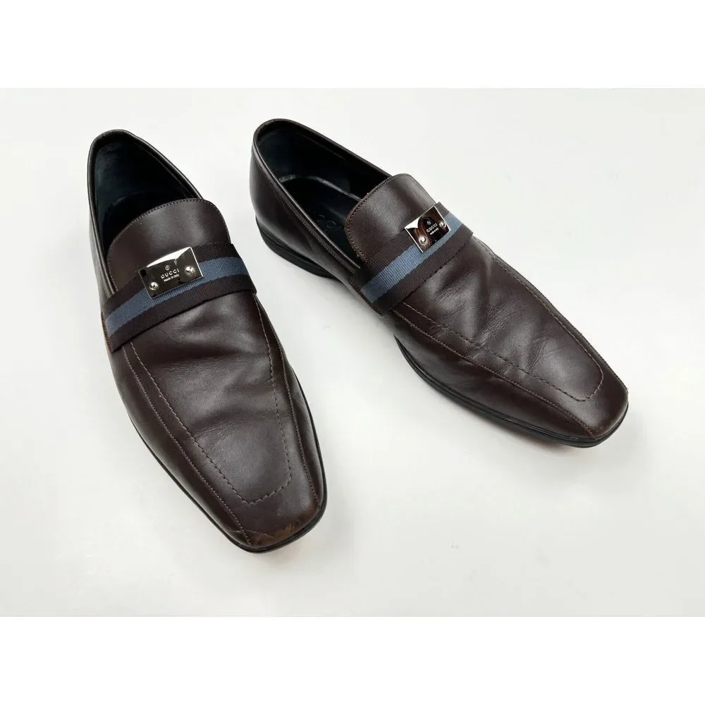 GUCCI Brown Leather Blue Ribbon Luxury Loafer Mens 8.5 D Flaw* Comfort‎ Shoes